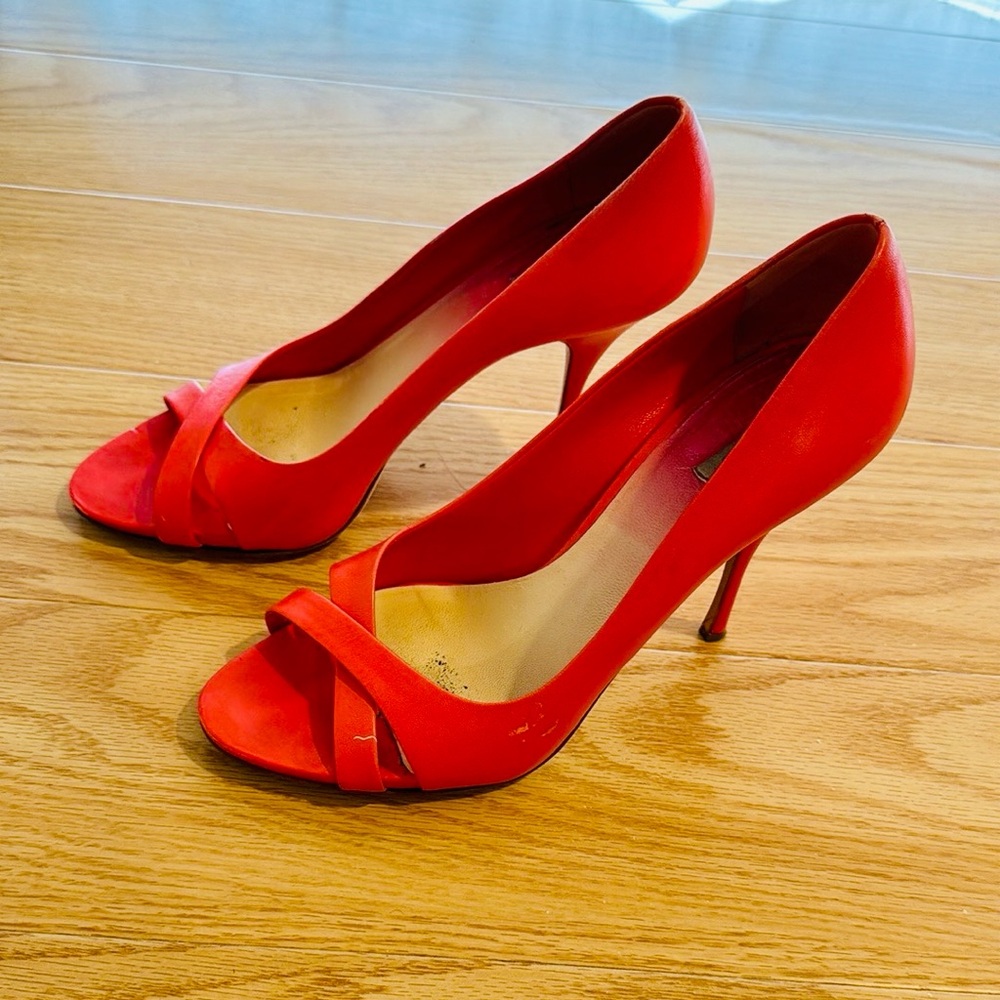 💋 Miu Miu Coral Peep-Toe Stiletto Heels – Size 38 – Elegant & Bold